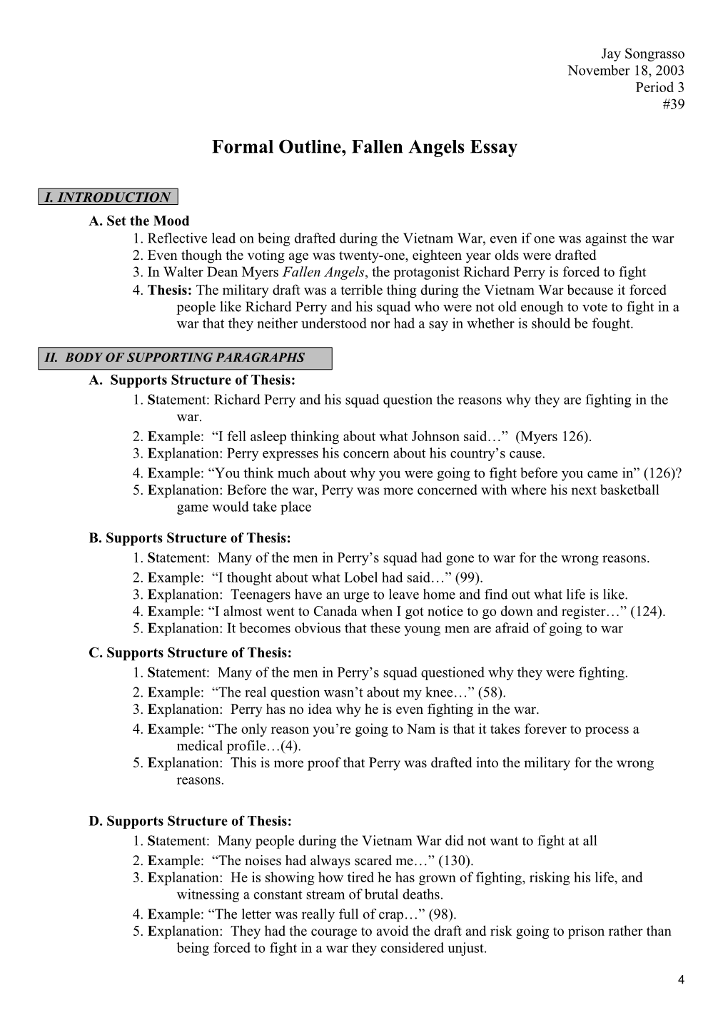 Formal Outline, Fallen Angels Essay