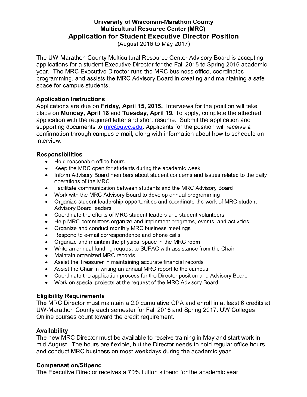 Multicultural Resource Center Director Application