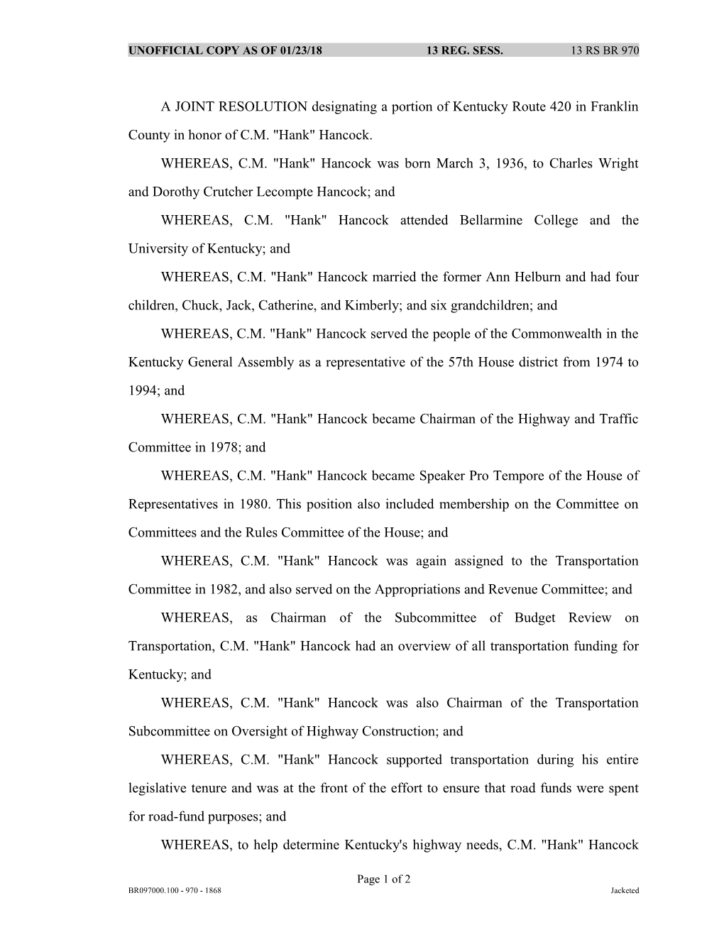 A JOINT RESOLUTION Designating a Portion of Kentucky Route 420 in Franklin County in Honor of C