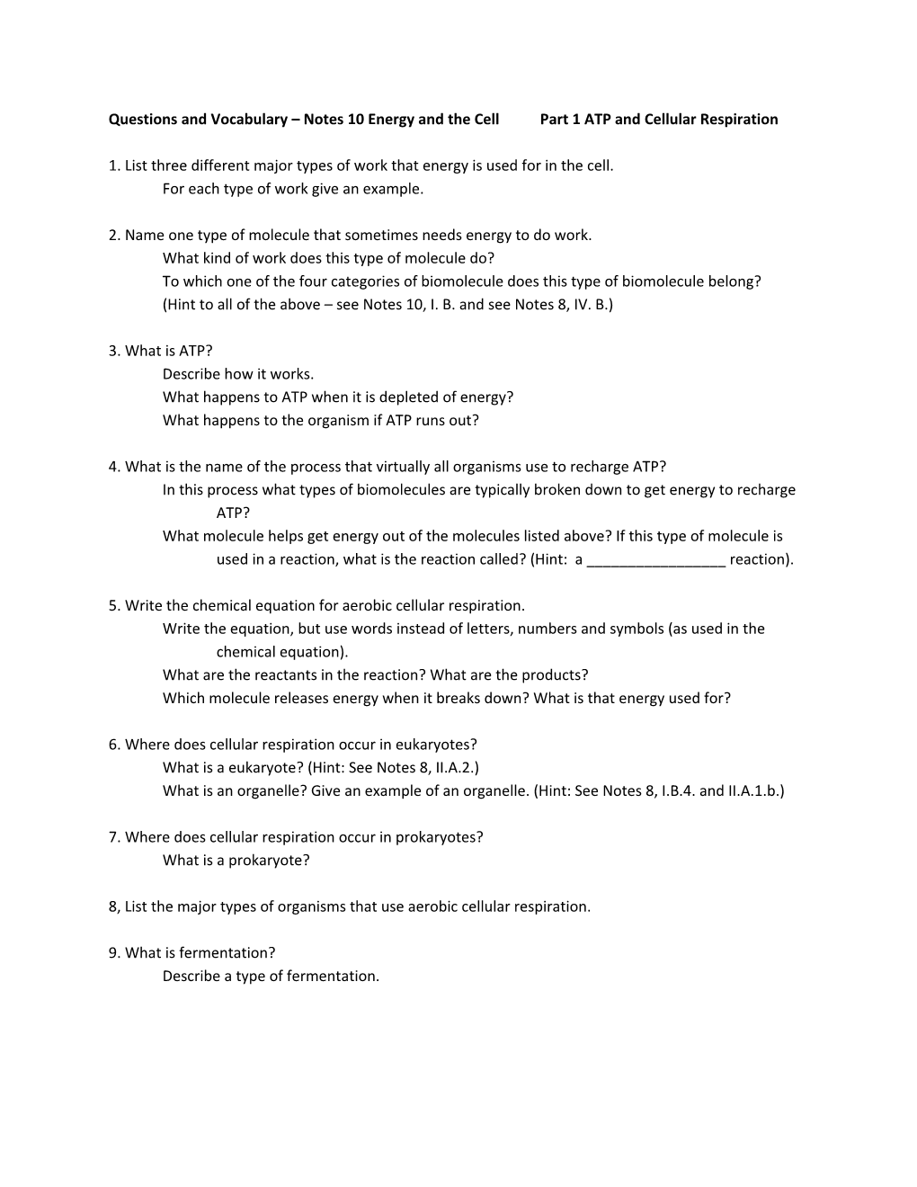 Questions and Vocabulary Notes 10 Energy and the Cellpart 1 ATP and Cellular Respiration