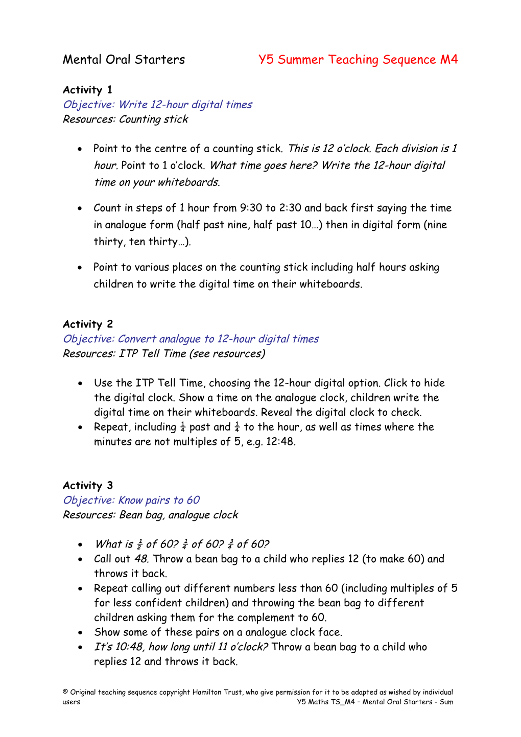 Mental Oral Starters Y5 Summer Teaching Sequence M4