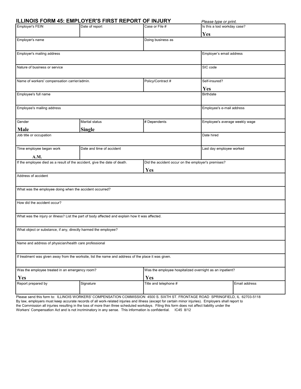 Illinois Form 45: Employer's First Report Of Injury
