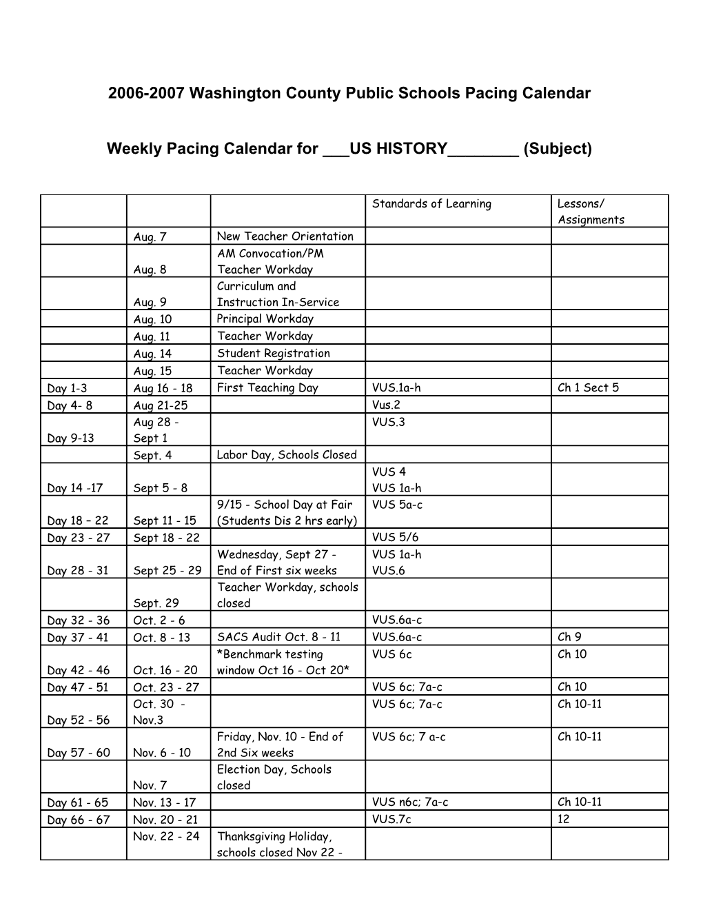 2006-2007 Washington County Public Schools Pacing Calendar s1