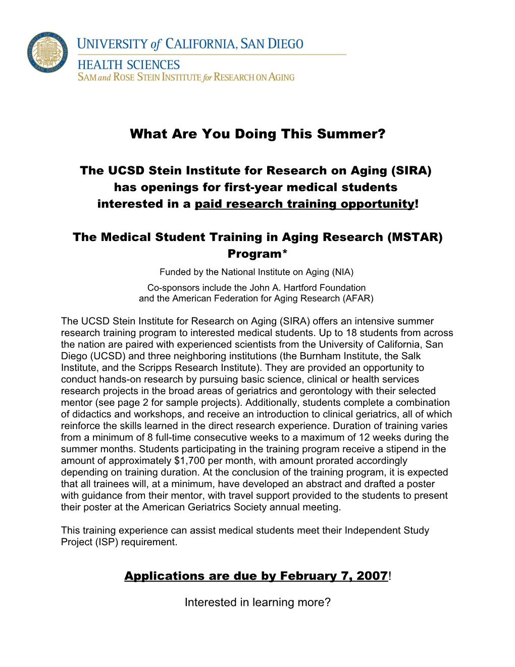 The UCSD Stein Institute for Research on Aging (SIRA)