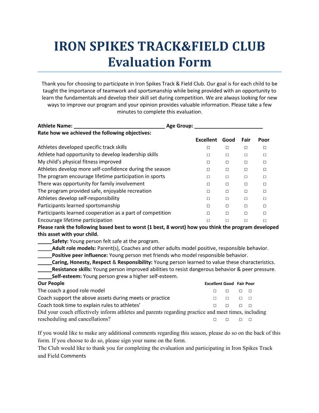 IRON SPIKES TRACK&FIELD CLUB Evaluation Form