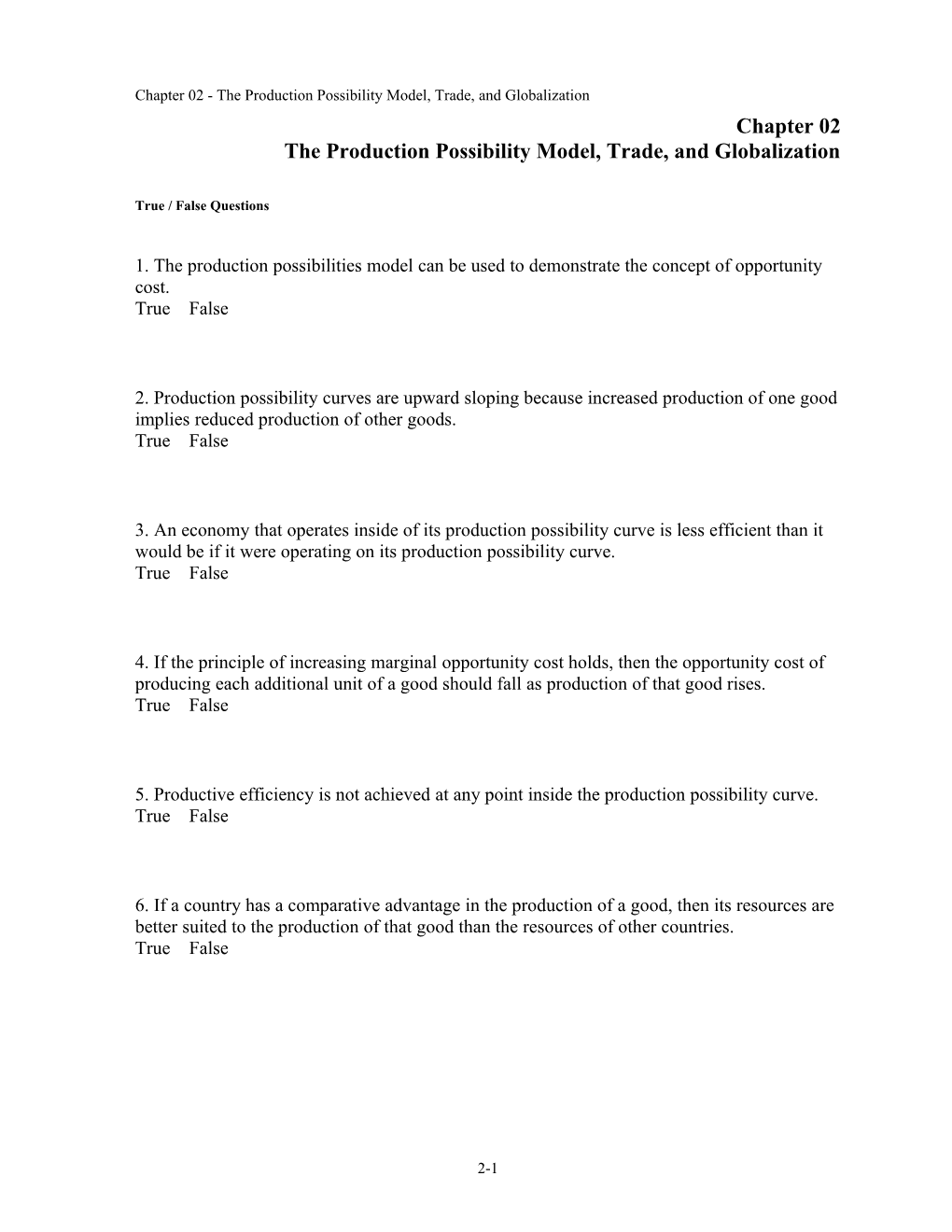 Chapter 02 the Production Possibility Model, Trade, and Globalization
