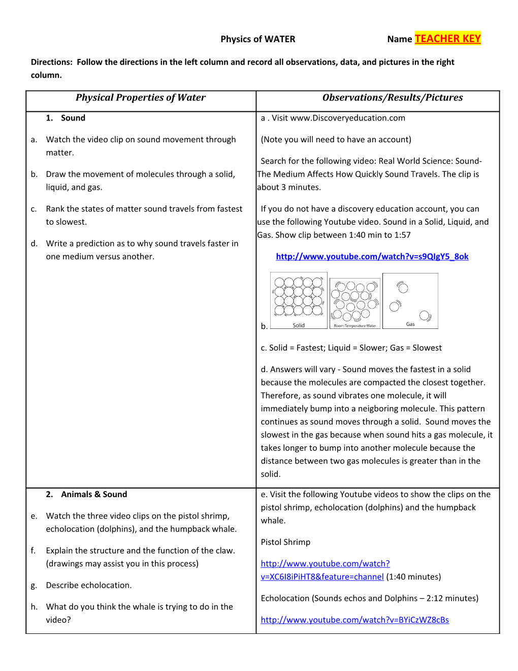 Physics of WATER Name TEACHER KEY