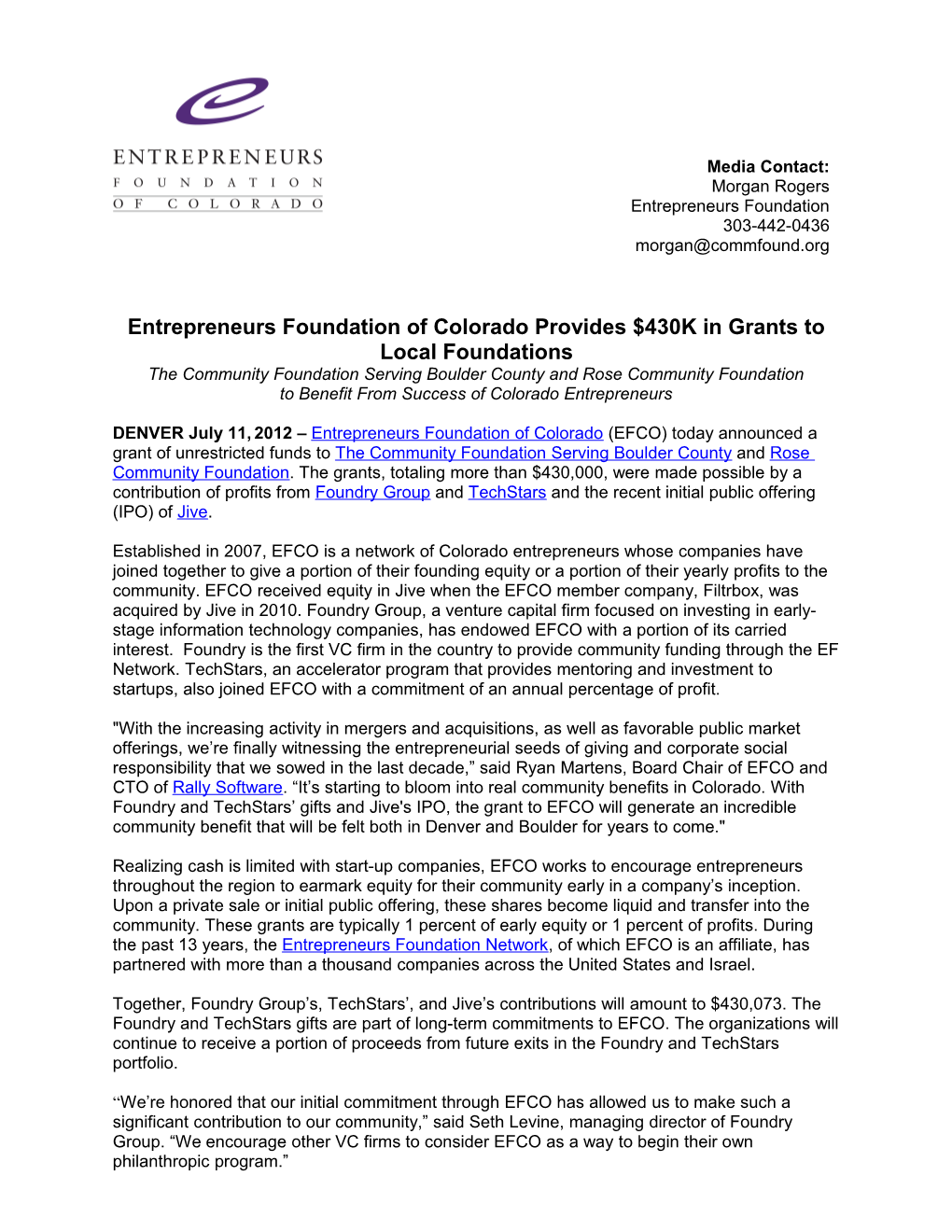 Entrepreneurs Foundation of Colorado Provides $430K in Local Grants