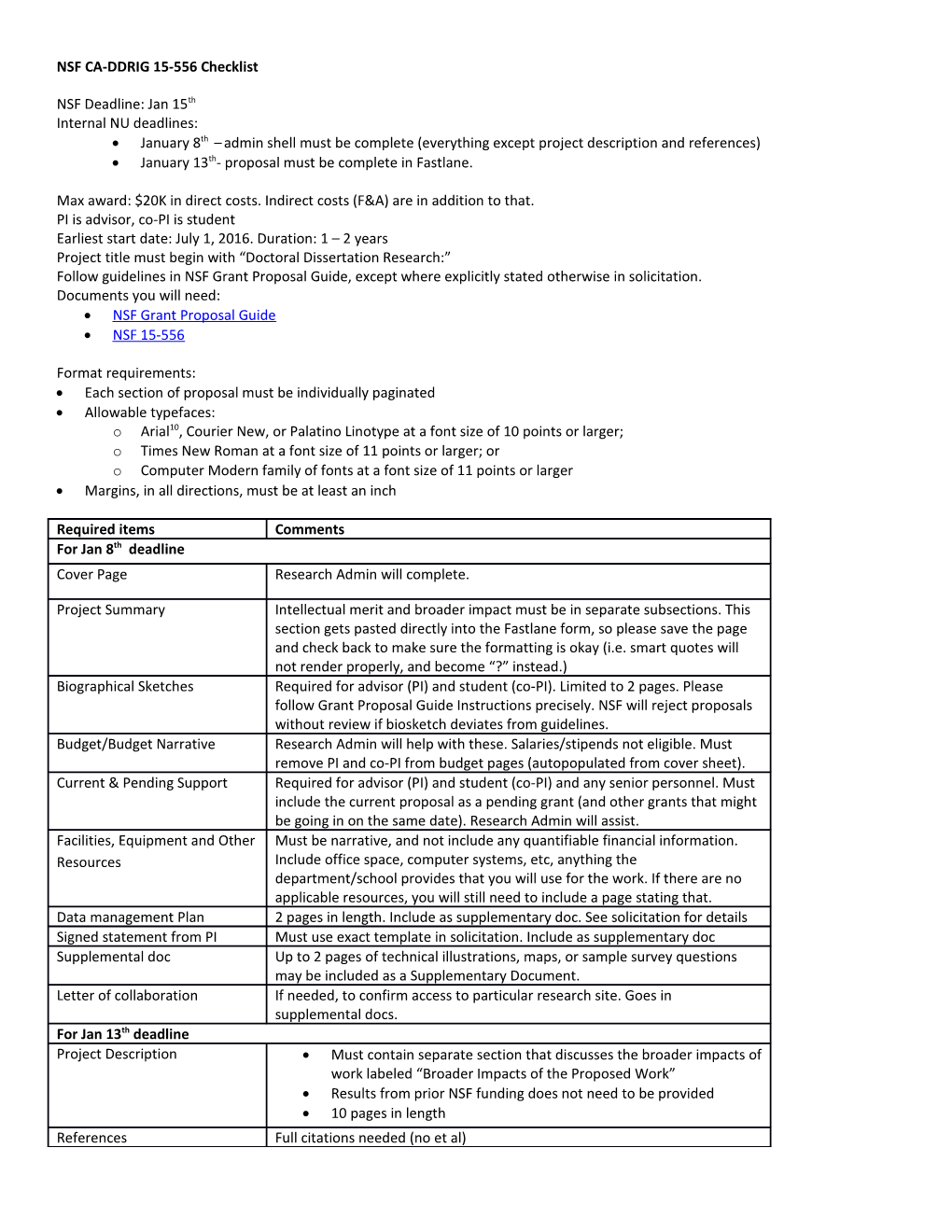 NSF CA-DDRIG 15-556 Checklist