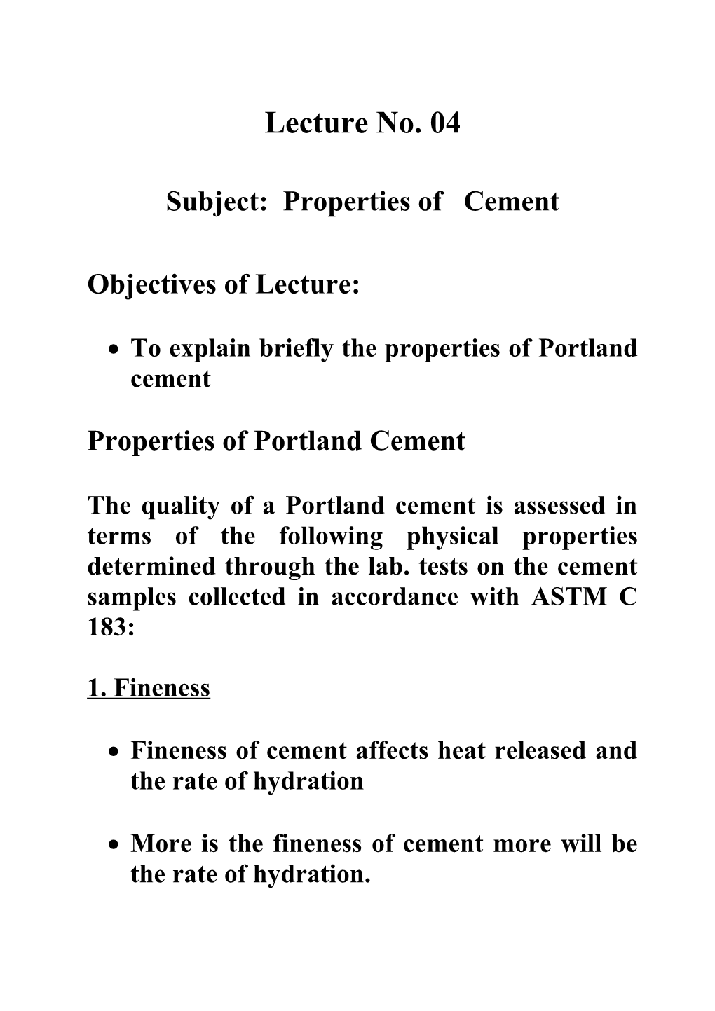 Subject: Properties of Cement