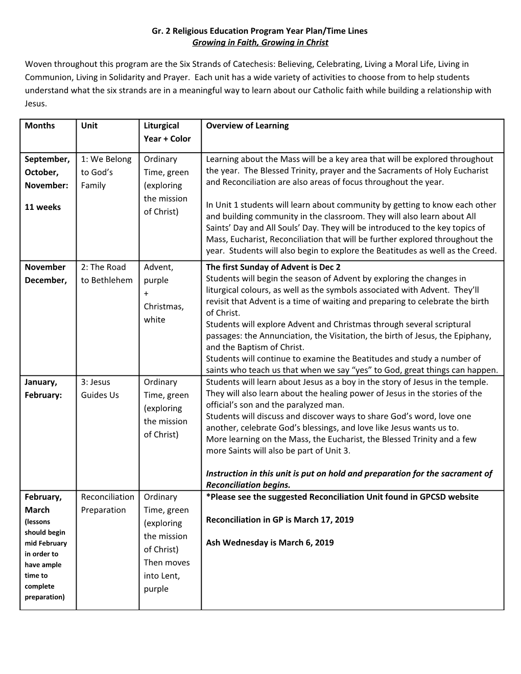 Gr. 2Religious Education Program Year Plan/Time Lines