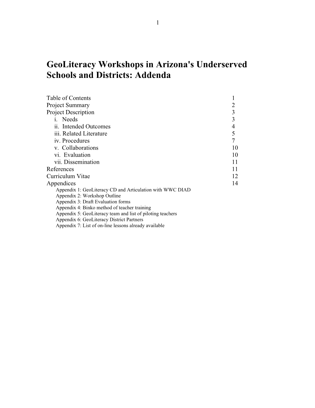 Geoliteracy Workshops in Arizona's Underserved Schools and Districts: Addenda