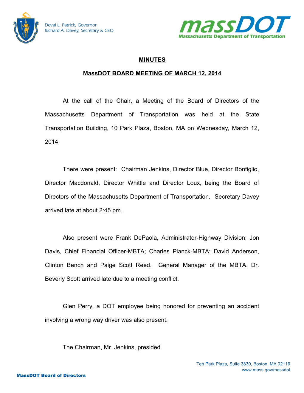 Massdot BOARD MEETING of MARCH 12, 2014