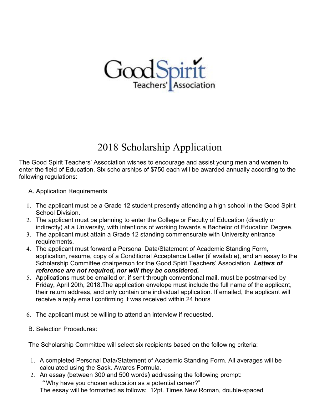 2018 Scholarship Application