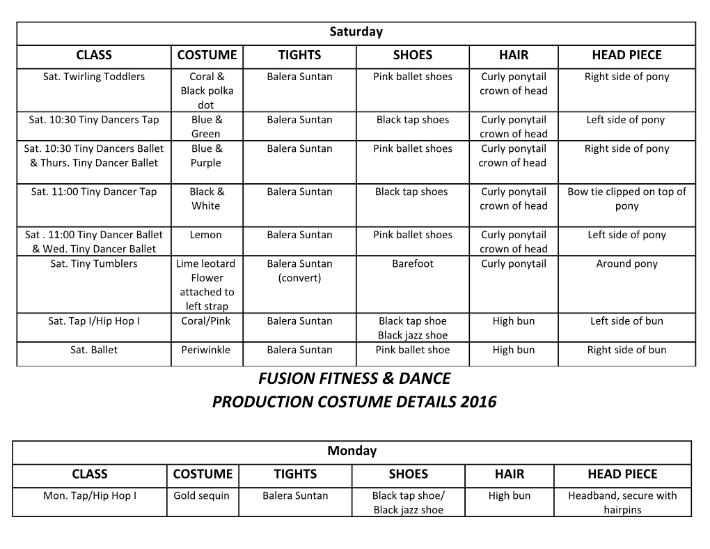 Fusion Fitness & Dance Production Costume Details 2016