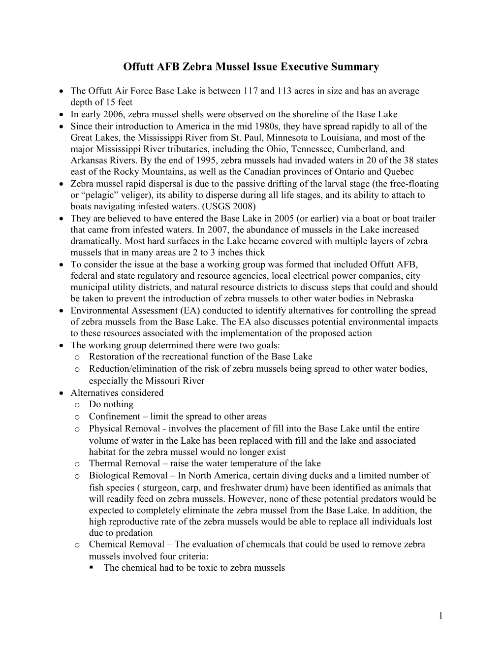 Offutt AFB Zebra Mussel Issue Executive Summary