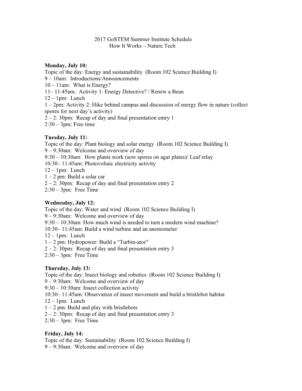 2013 Gostem Summer Institute Tentative Schedule