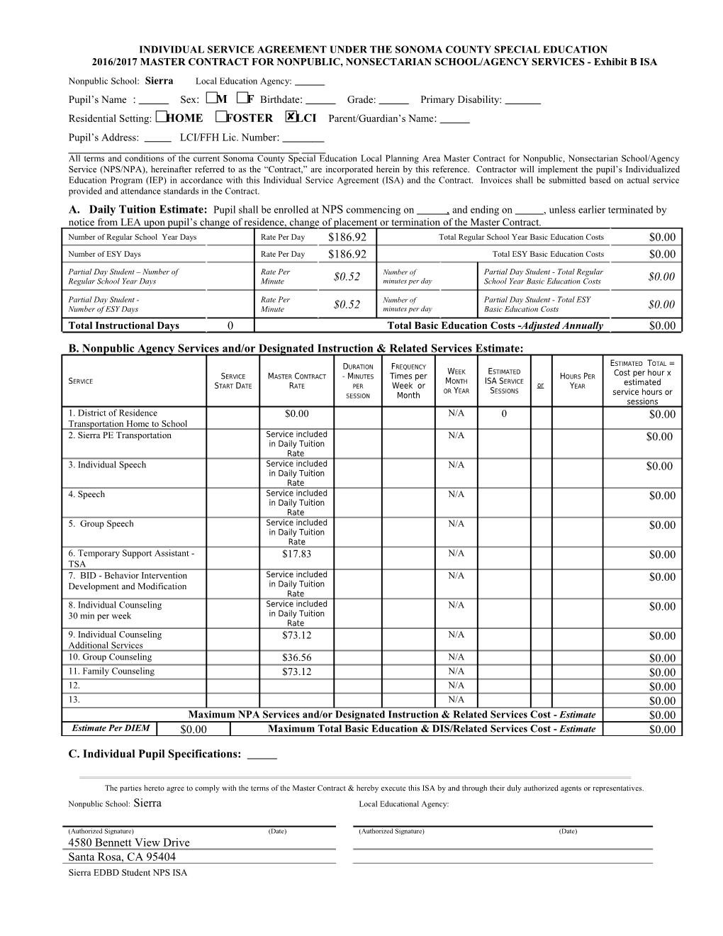 Individual Service Agreementunder Thesonoma County Special Education