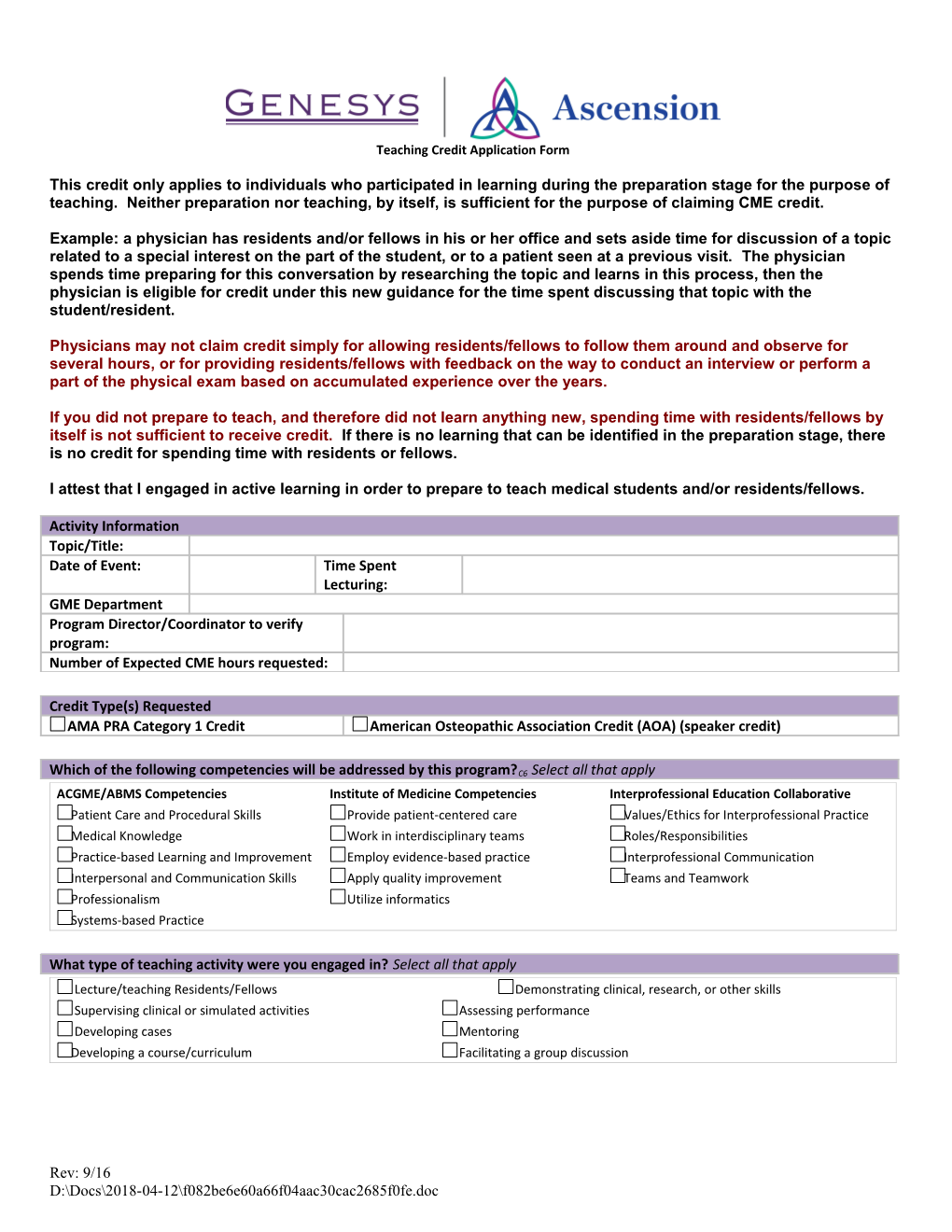 Teaching Credit Application Form