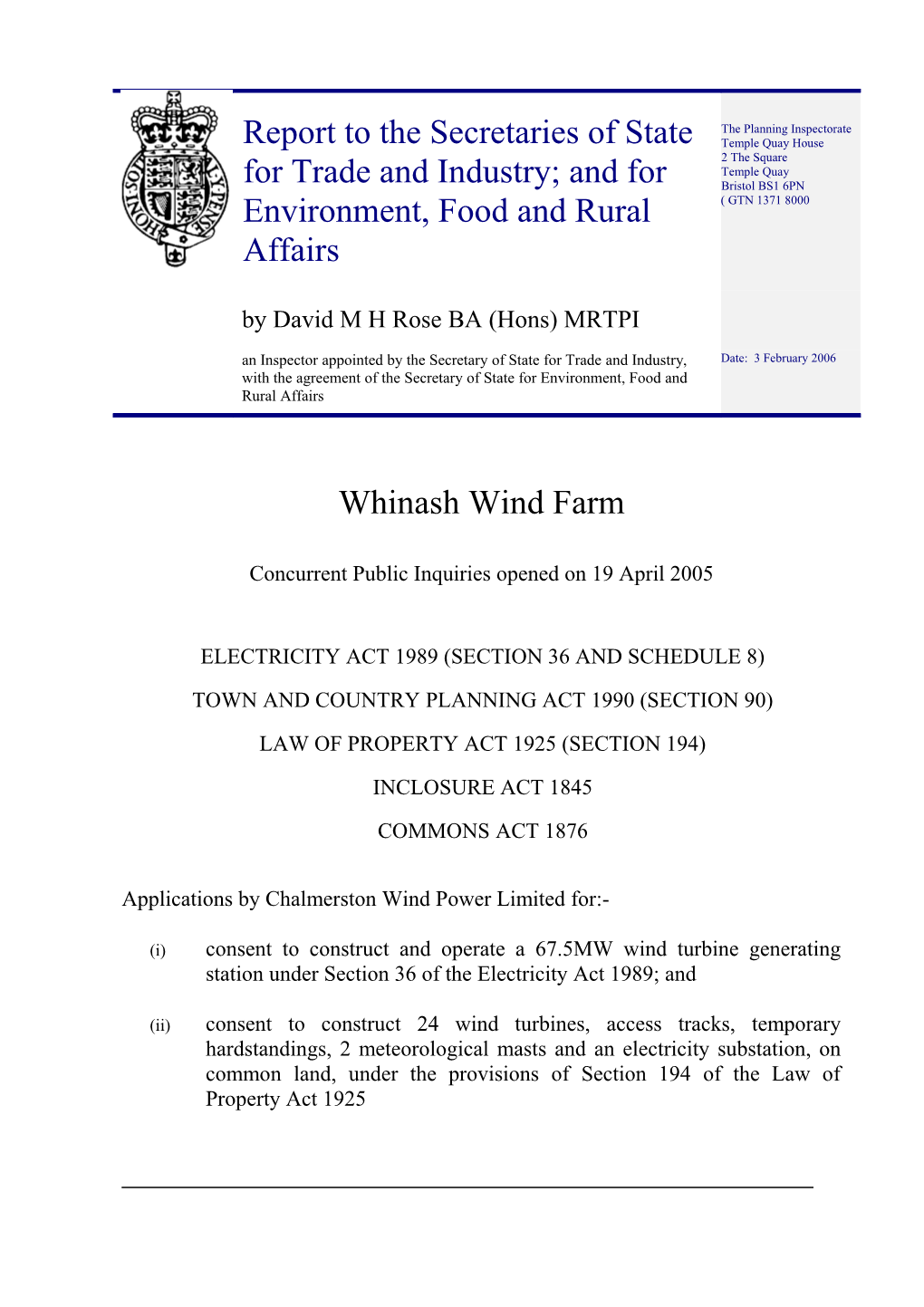 Whinash Wind Farm: Inspector S Report