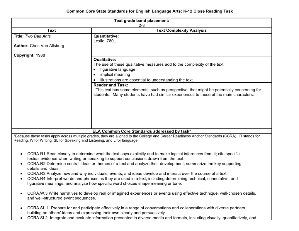 Common Core State Standards for English Language Arts: K-12 Close Reading Task s1
