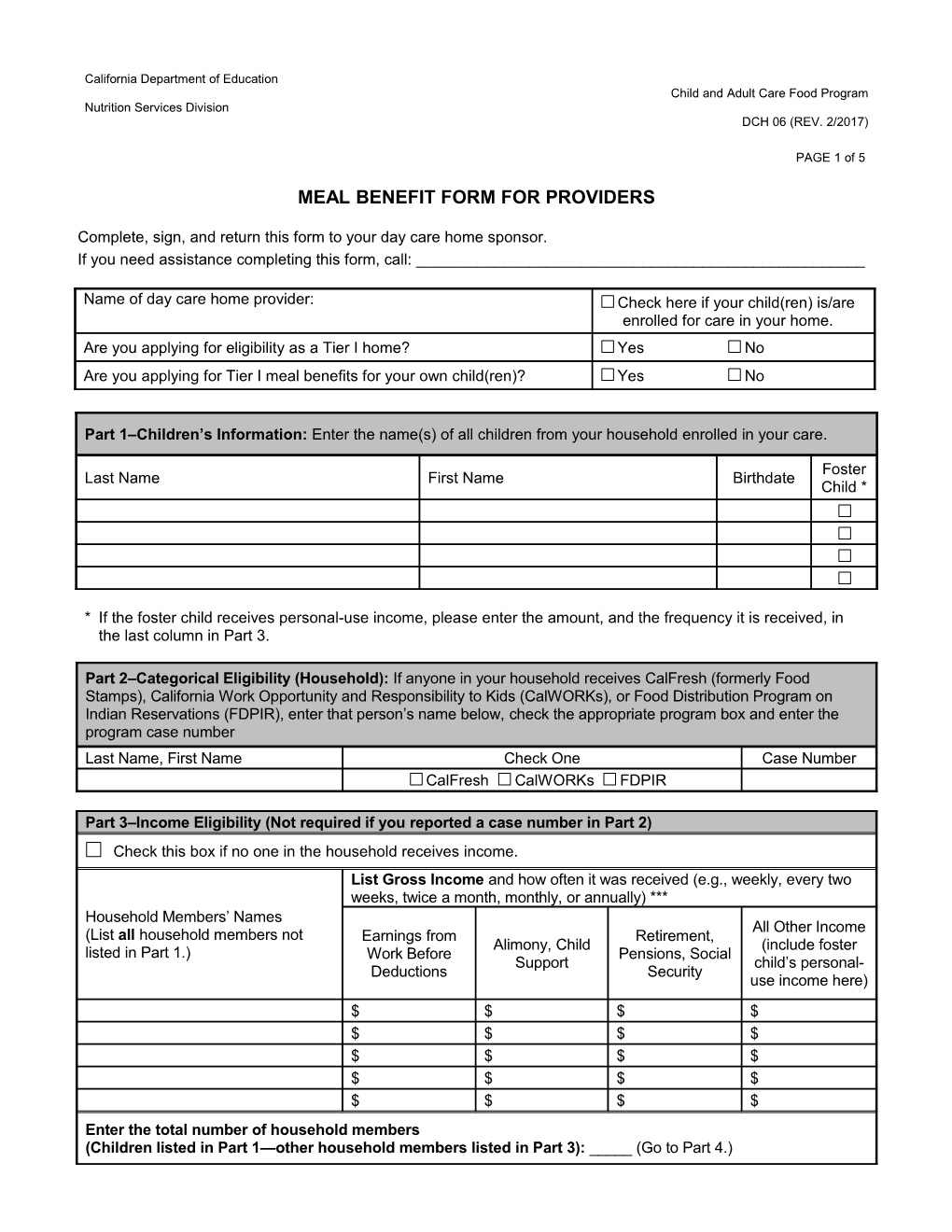 DCH Meal Benefit Form For Providers - Child And Adult Care Food Program (CA Dept Of Education)