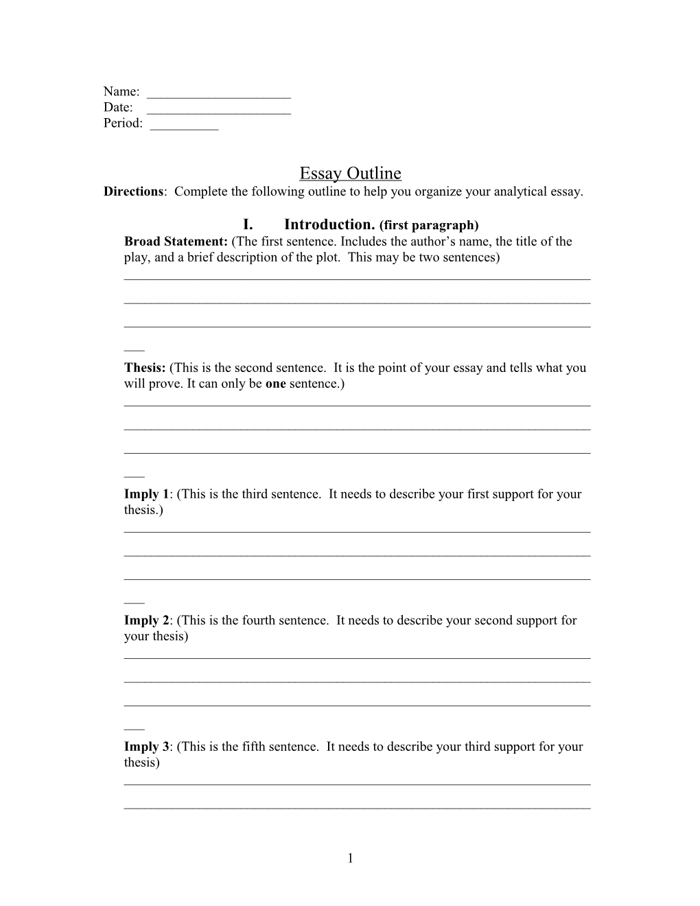 Directions: Complete the Following Outline to Help You Organize Your Analytical Essay