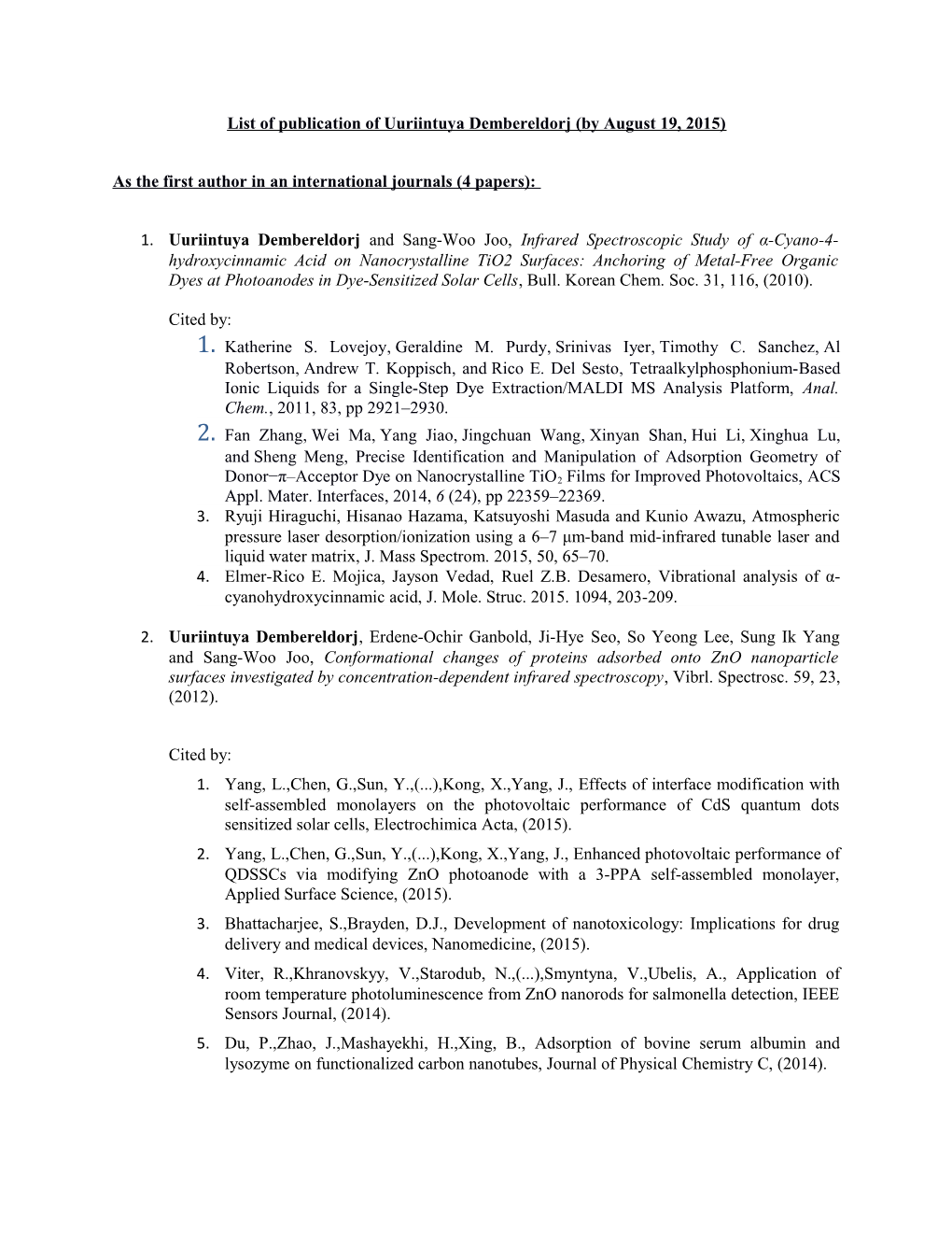List of Publication of Uuriintuya Dembereldorj (By August 19, 2015)
