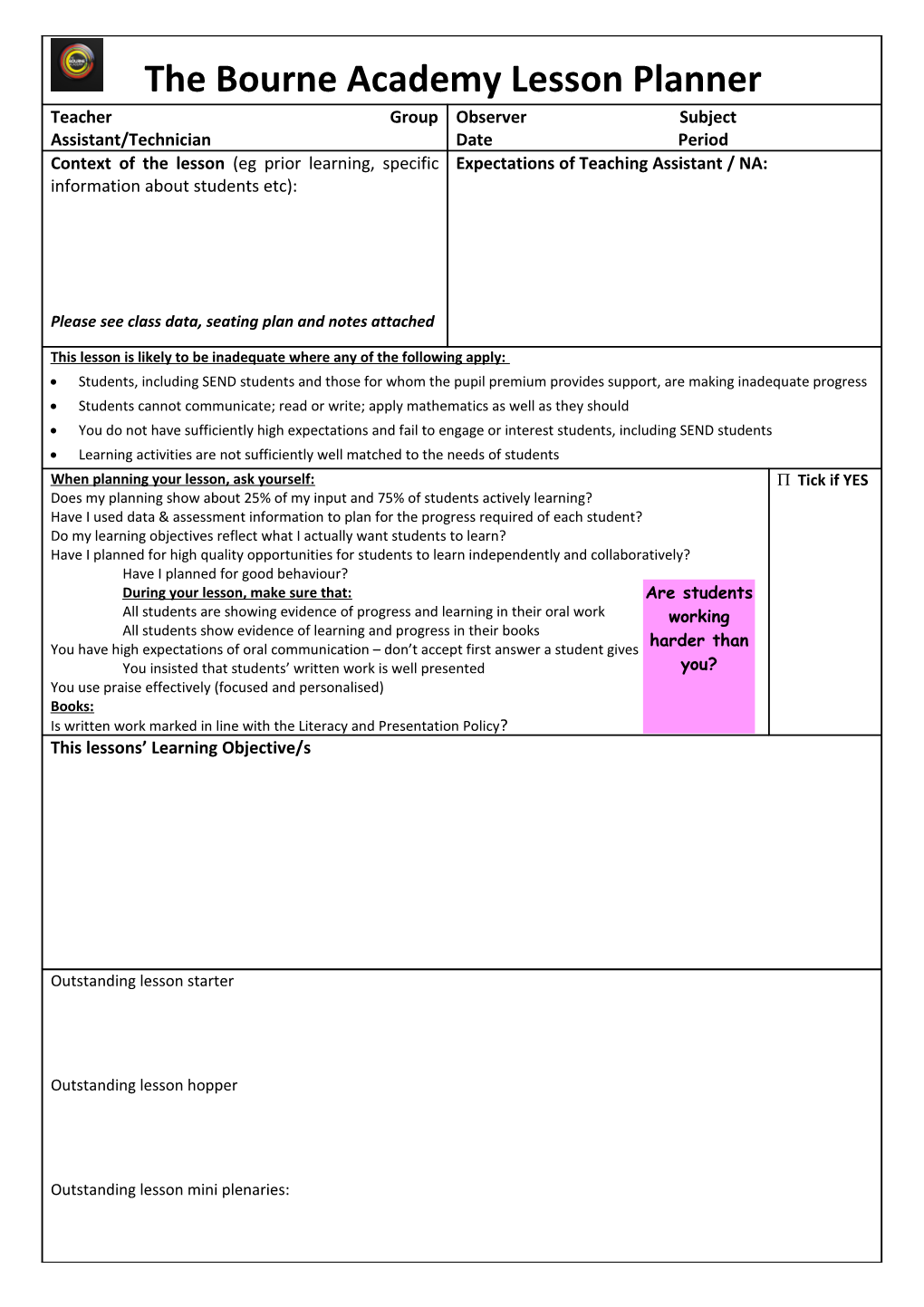 Thomas Peacocke Community College Lesson Planner