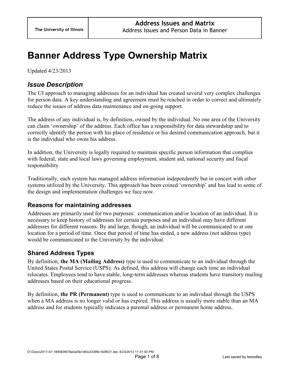 Banner Address Type Ownership Matrix