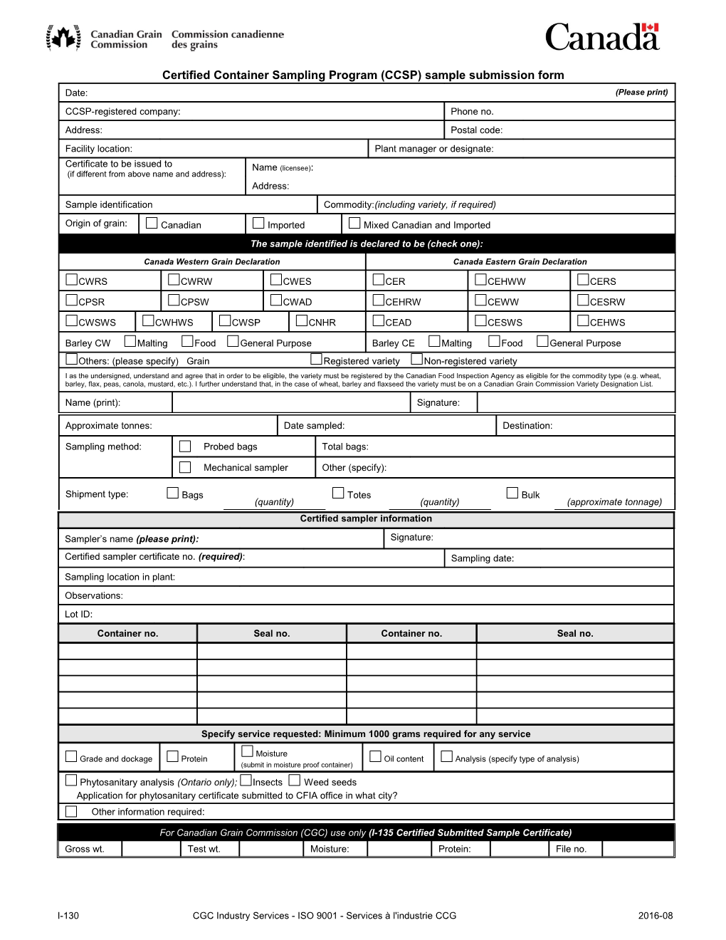 I-130 Certified Container Sampling Program (CCSP) Sample Submission Form