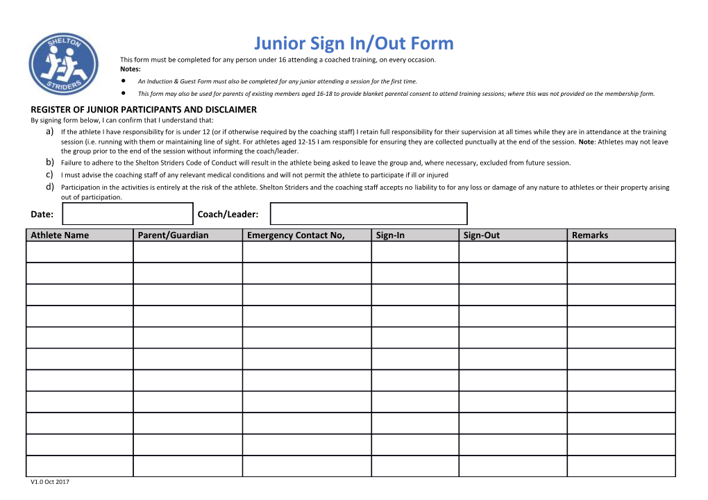 Register of Junior Participants and Disclaimer