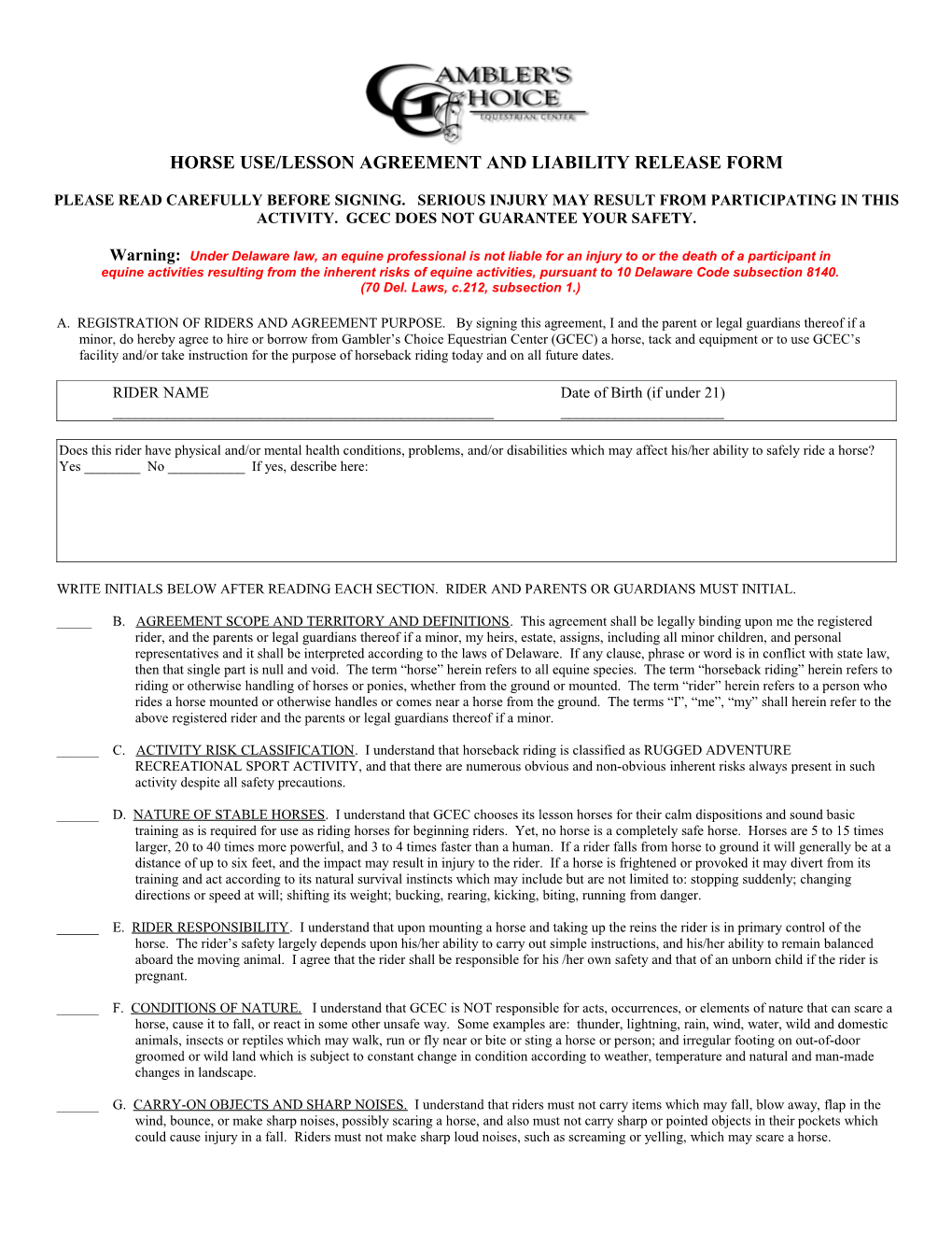 Horse Use/Lesson Agreement and Liability Release Form