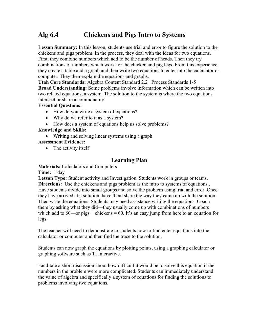 Alg 6.4 Chickens and Pigs Intro to Systems