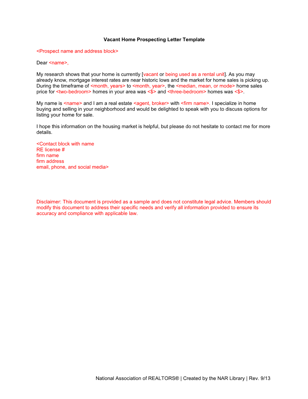 Vacant Home Prospecting Letter Template