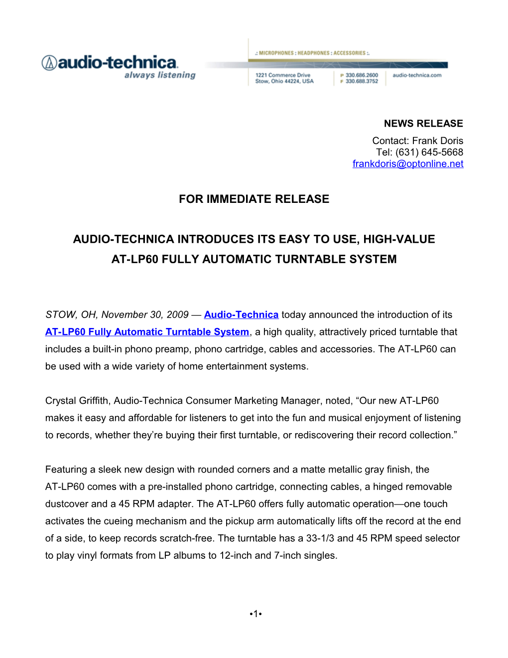 Audio-Technica ATR 1205 Press Release