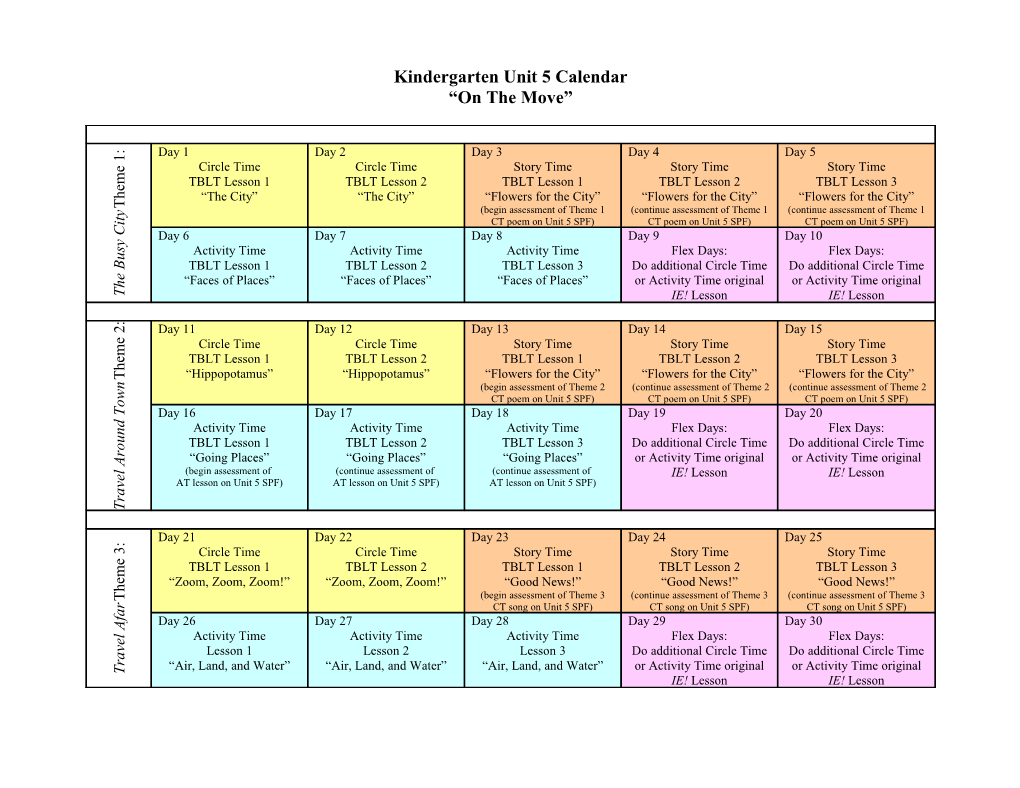 Kindergarten Unit 5 Calendar