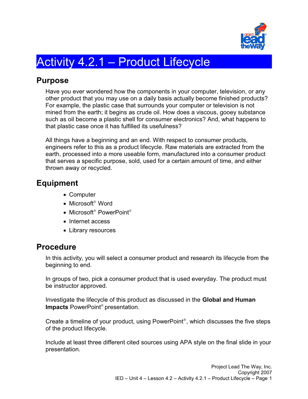 Activity 4.2.1: Product Lifecycle