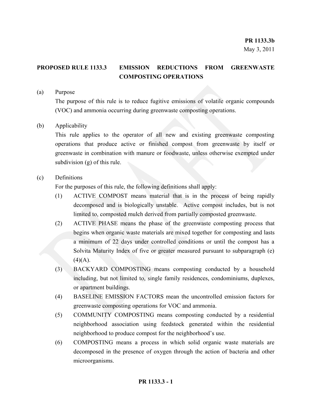 Proposed RULE 1133.3 EMISSION REDUCTIONS from GREENWASTE COMPOSTING OPERATIONS