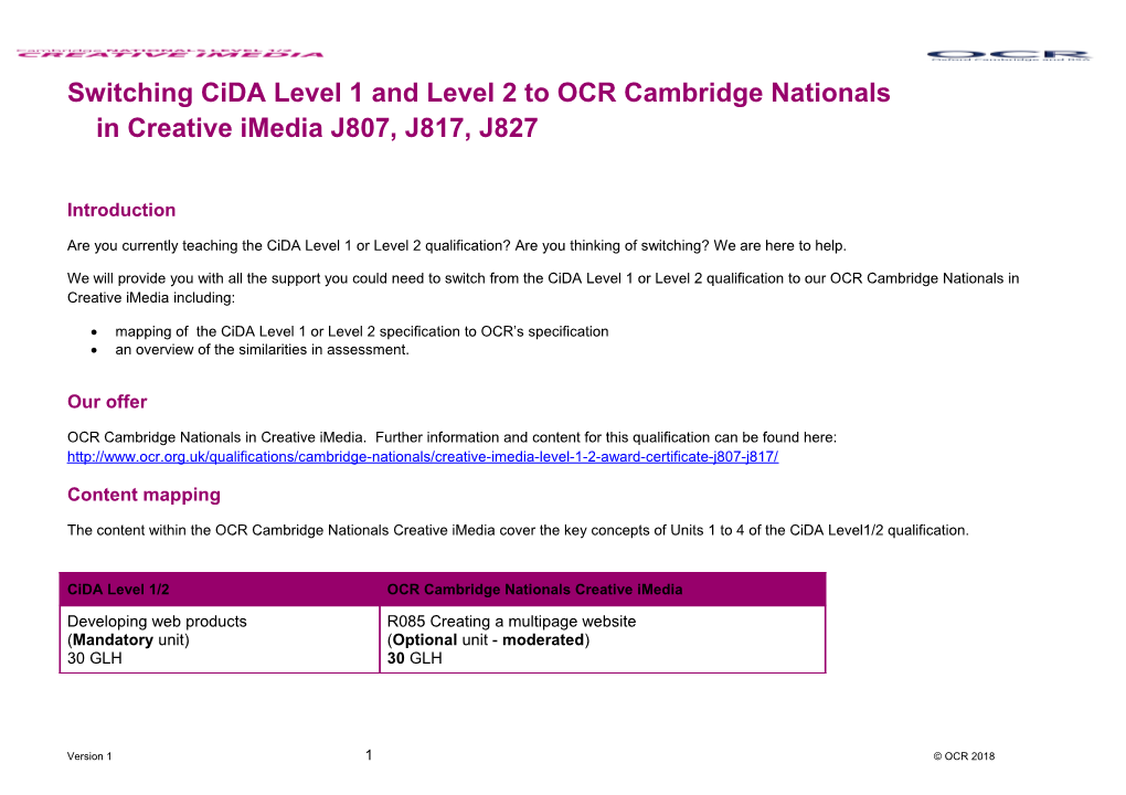 Switching Pack Cida Level 1 and Level 2 to OCR Cambridge Nationals in Creative Imedia