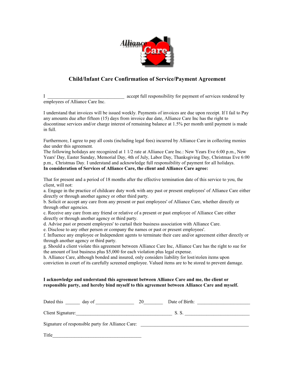 Childcare Confirmation of Service/Payment Agreement