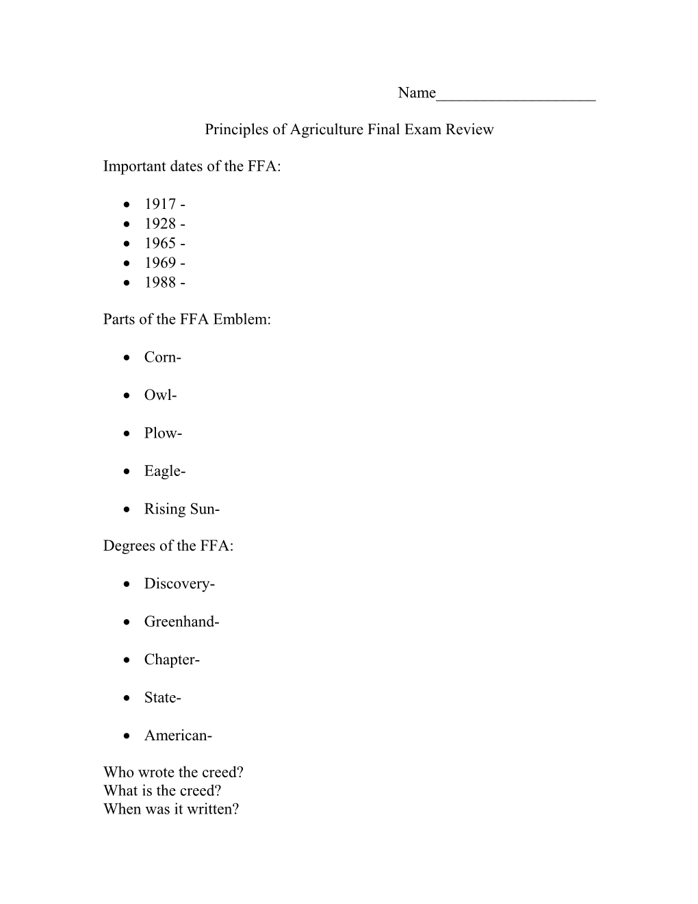 FFA Test Review