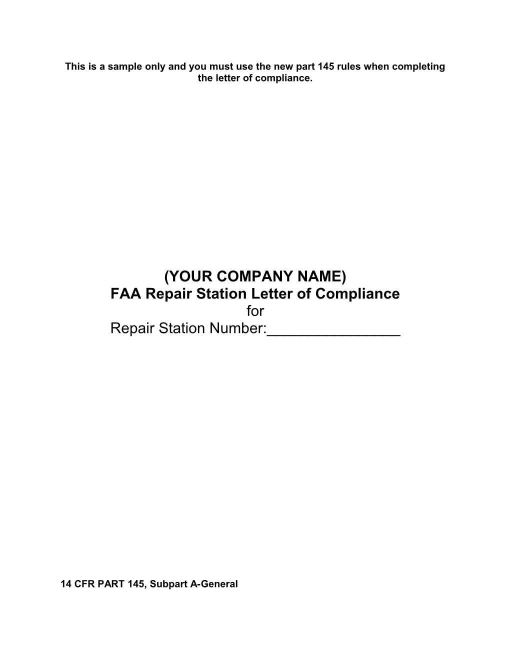 FAA Repair Station Letter of Compliance