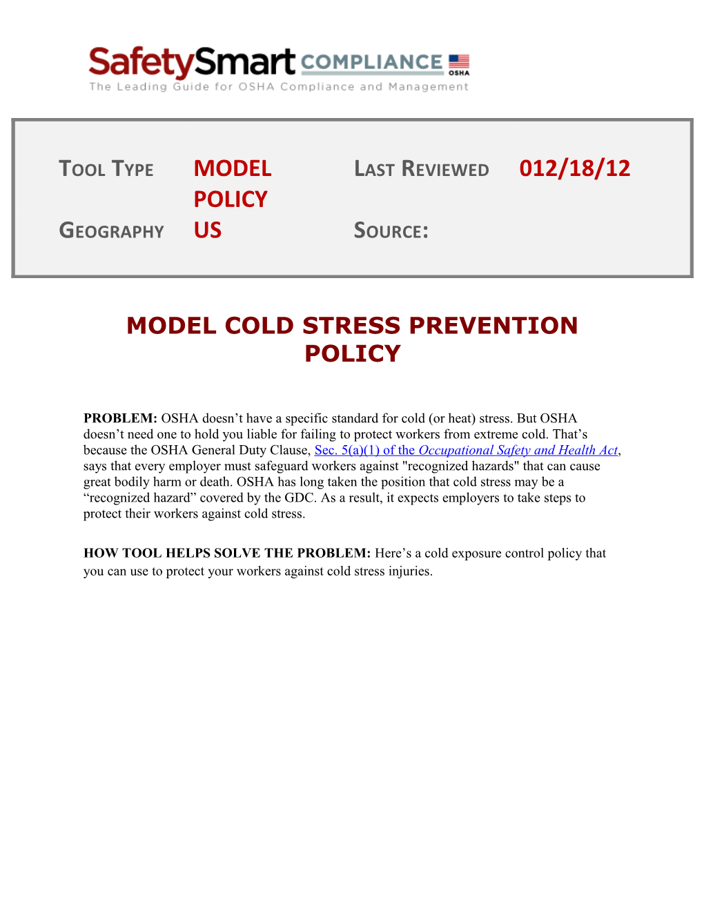 Cold Stress Exposure Policy