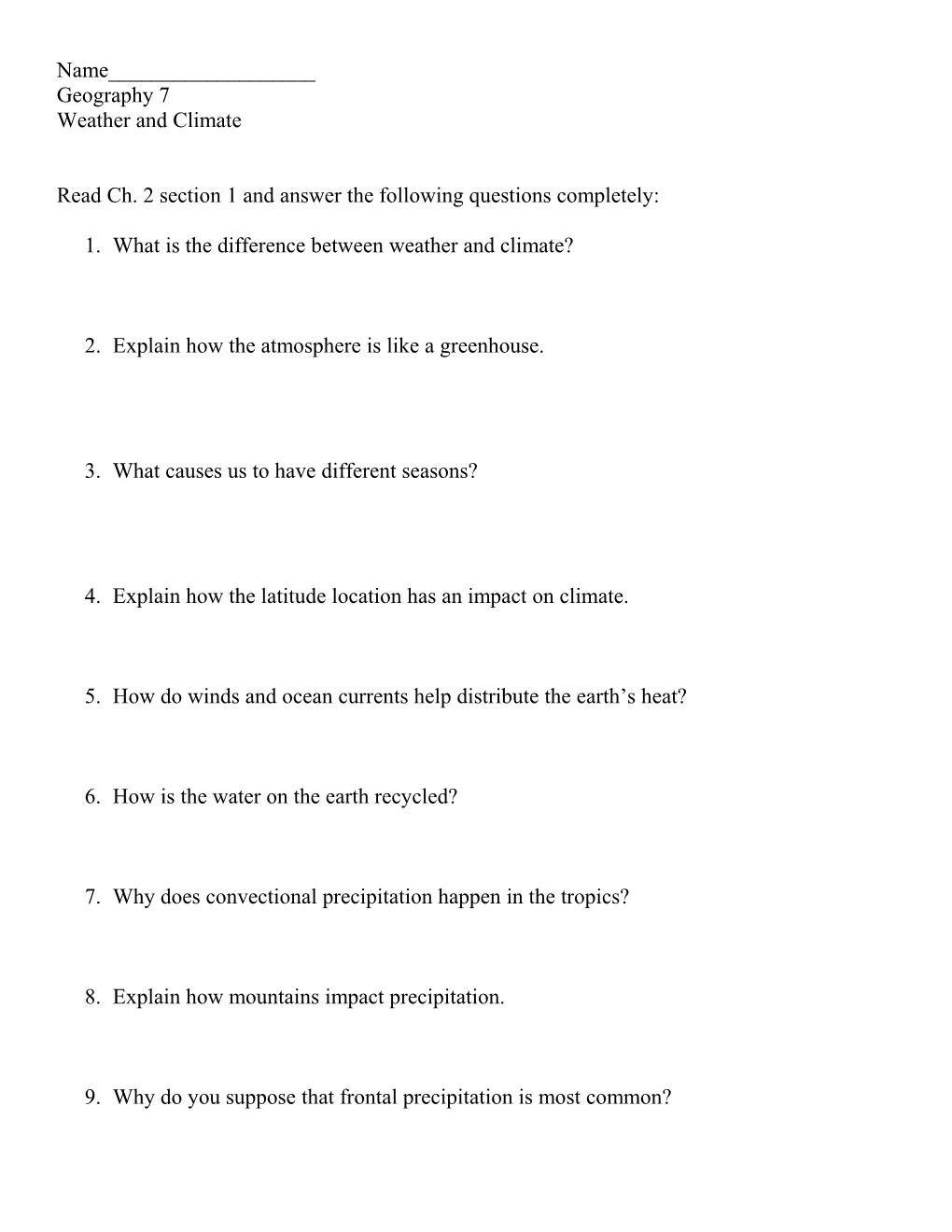 Read Ch. 2 Section 1 and Answer the Following Questions Completely