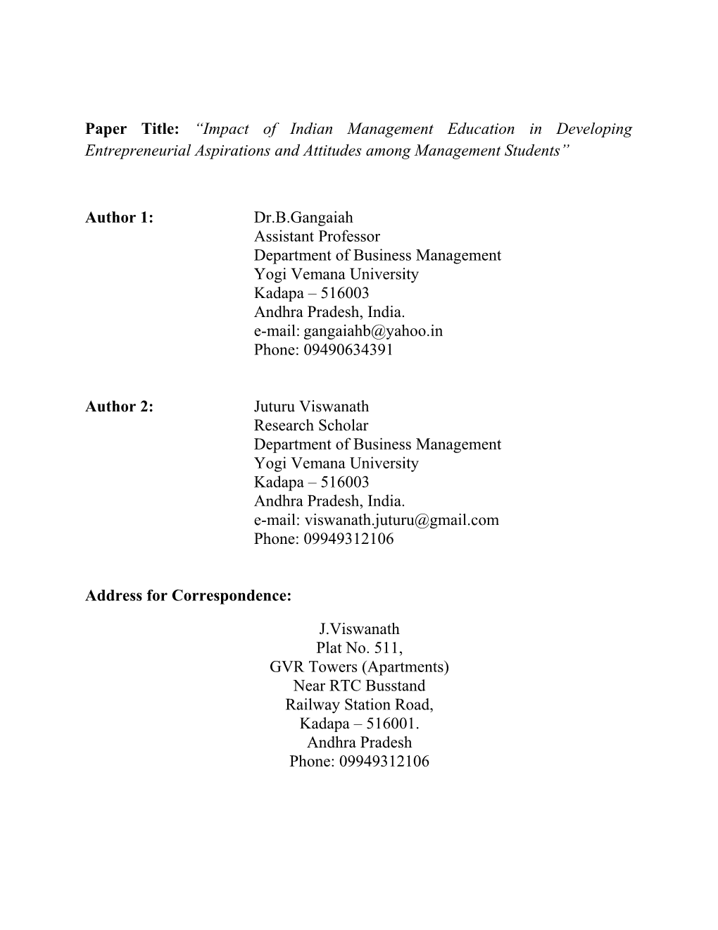 Paper Title: Impact of Indian Management Education in Developing Entrepreneurial Aspirations