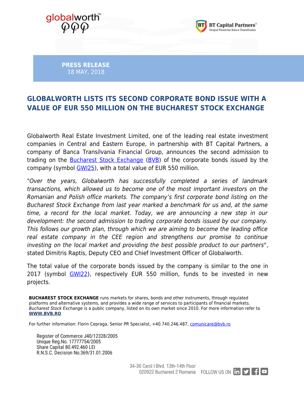 Globalworth Lists Its Second Corporate Bond Issue with a Value of Eur 550 Million on The