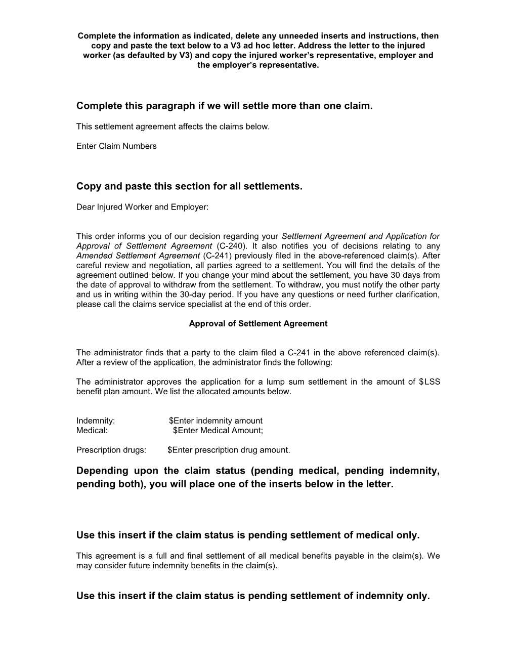 Approval of Settlement Agreement