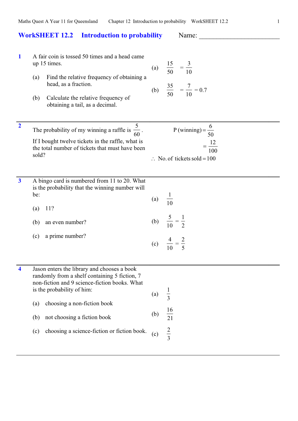 Maths Quest a Year 11 for Queenslandchapter 12 Introduction to Probability Worksheet 12.21