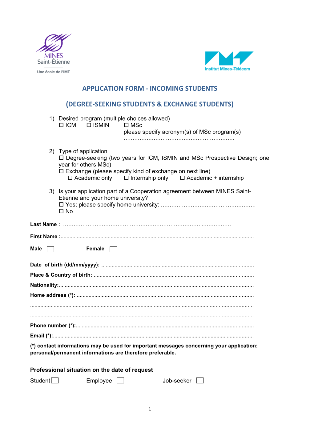 Application Form- Incoming Students